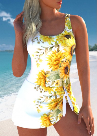White swimwear,Yellow swimwear,Floral swimwear,Plants swimwear,ROTITA Bowknot White Floral Print One Piece Swimdress