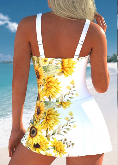 White swimwear,Yellow swimwear,Floral swimwear,Plants swimwear,ROTITA Bowknot White Floral Print One Piece Swimdress