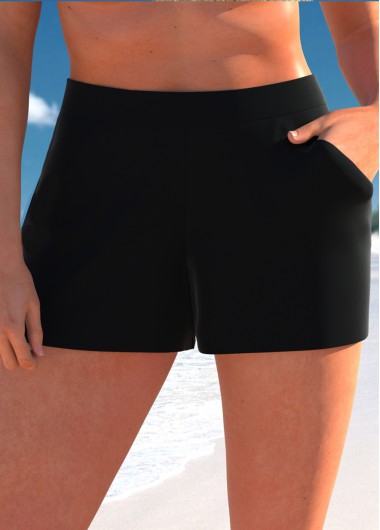Black swimwear,Plain Color swimwear,ROTITA Black Pocket High Waisted Beach Shorts