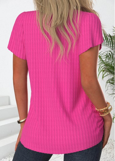 Hot Pink tops,Plain Color tops,ROTITA Button Hot Pink Square Neck Short Sleeve T Shirt