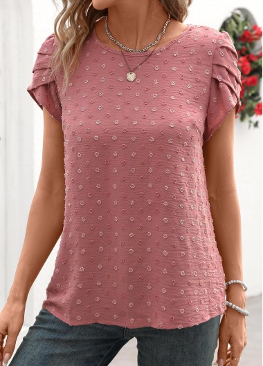 Dark Reddish Purple tops,Plain Color tops,Jacquard Dark Reddish Purple Round Neck Short Sleeve Blouse