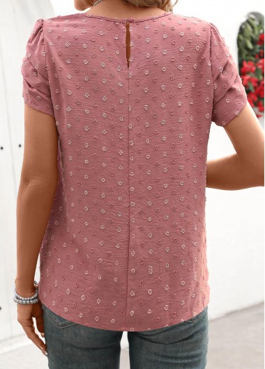 Dark Reddish Purple tops,Plain Color tops,Jacquard Dark Reddish Purple Round Neck Short Sleeve Blouse