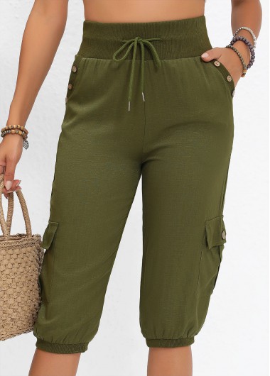 Olive Green bottoms,Plain Color bottoms,Pocket Jogger Elastic Waist High Waisted Olive Green Pants