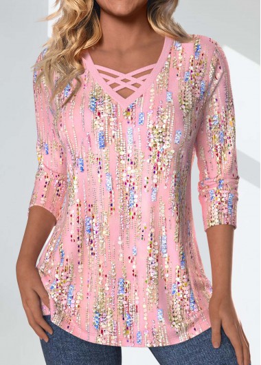 Light Pink tops,Geometric tops,Striped tops,Dot tops,ROTITA Criss Cross Geometric Print Light Pink T Shirt