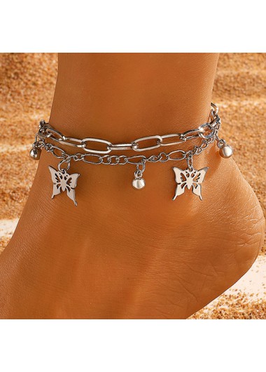 Silvery White jewelry,Butterfly Layered Chain Silvery White Alloy Anklet
