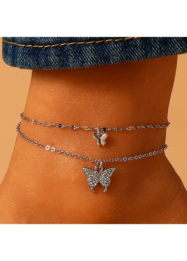 Silvery White jewelry,Plain Color jewelry,Butterfly Rhinestone Silvery White Alloy Anklet Set
