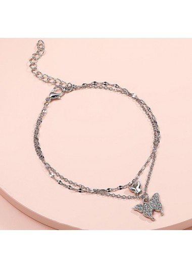 Silvery White jewelry,Plain Color jewelry,Butterfly Rhinestone Silvery White Alloy Anklet Set
