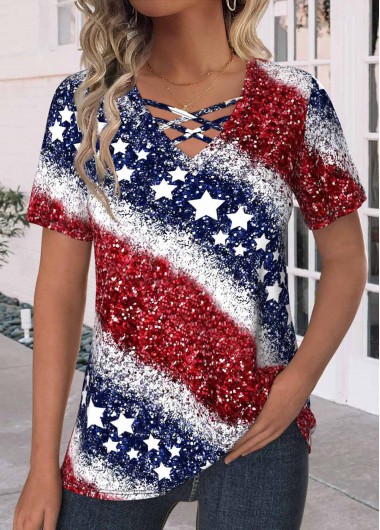 Navy tops,Red tops,Flag tops,ROTITA Criss Cross Flag Print Navy V Neck T Shirt