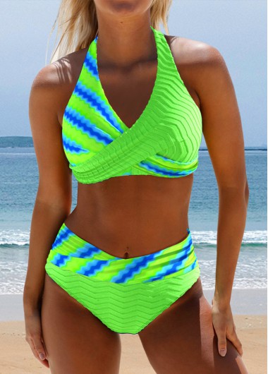 Neon Green swimwear,Floral swimwear,Plants swimwear,ROTITA Surplice Neon Green Floral Print Bikini Set