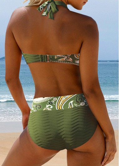 Olive Green swimwear,Floral swimwear,Plants swimwear,ROTITA Surplice Olive Green Floral Print Bikini Set