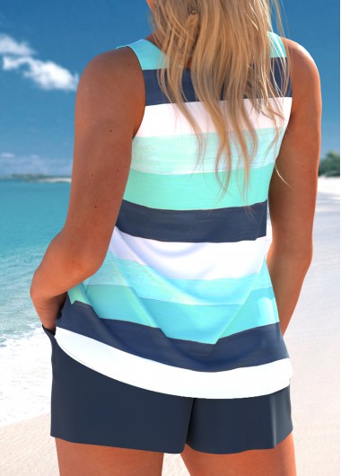 Cyan swimwear,Striped swimwear,Geometric swimwear,ROTITA Cut Out Cyan Multi Stripe Print Tankini Set