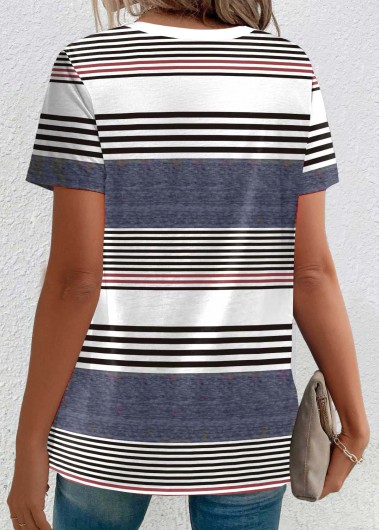 Dusty Blue tops,Multi Color tops,Striped tops,Geometric tops,ROTITA Plus Size Button Dusty Blue Striped T Shirt