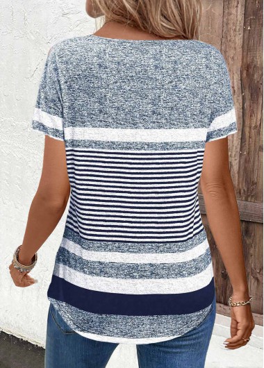 Navy tops,Striped tops,Geometric tops,ROTITA Button Striped Navy V Neck Short Sleeve T Shirt