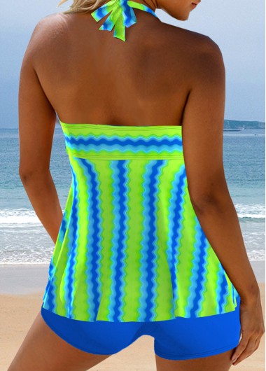 Neon Green swimwear,Striped swimwear,Geometric swimwear,ROTITA Surplice Neon Green Wave Pattern Print Tankini Set