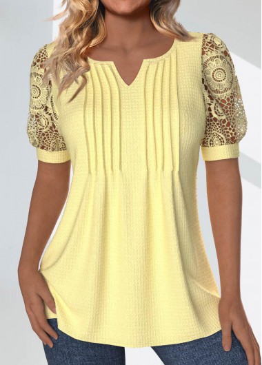 Light Yellow tops,Plain Color tops,ROTITA Tuck Stitch Light Yellow Split Neck T Shirt