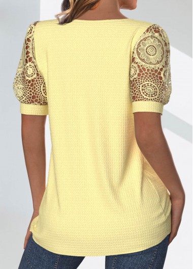 Light Yellow tops,Plain Color tops,ROTITA Tuck Stitch Light Yellow Split Neck T Shirt