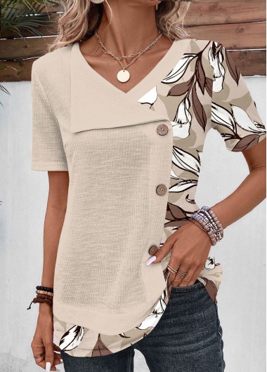 Light Camel tops,Floral tops,Plants tops,ROTITA Patchwork Floral Print V Neck T Shirt