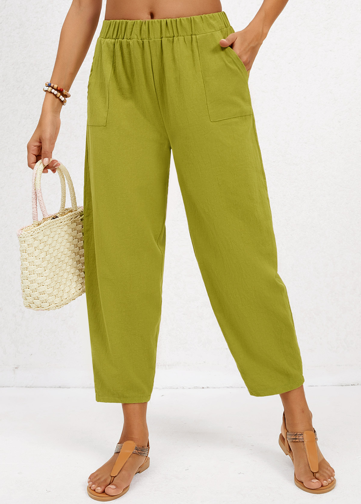 Pocket Olive Green Regular Elastic Waist Mid Waisted Pants