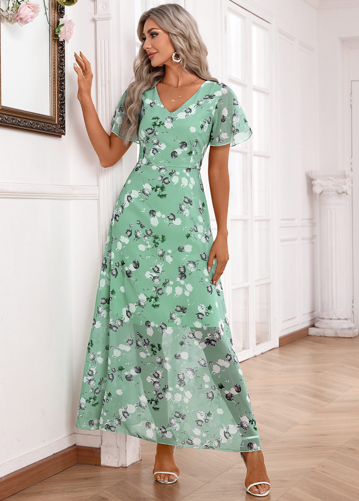 Zipper Floral Print Light Green Belted Maxi Dress