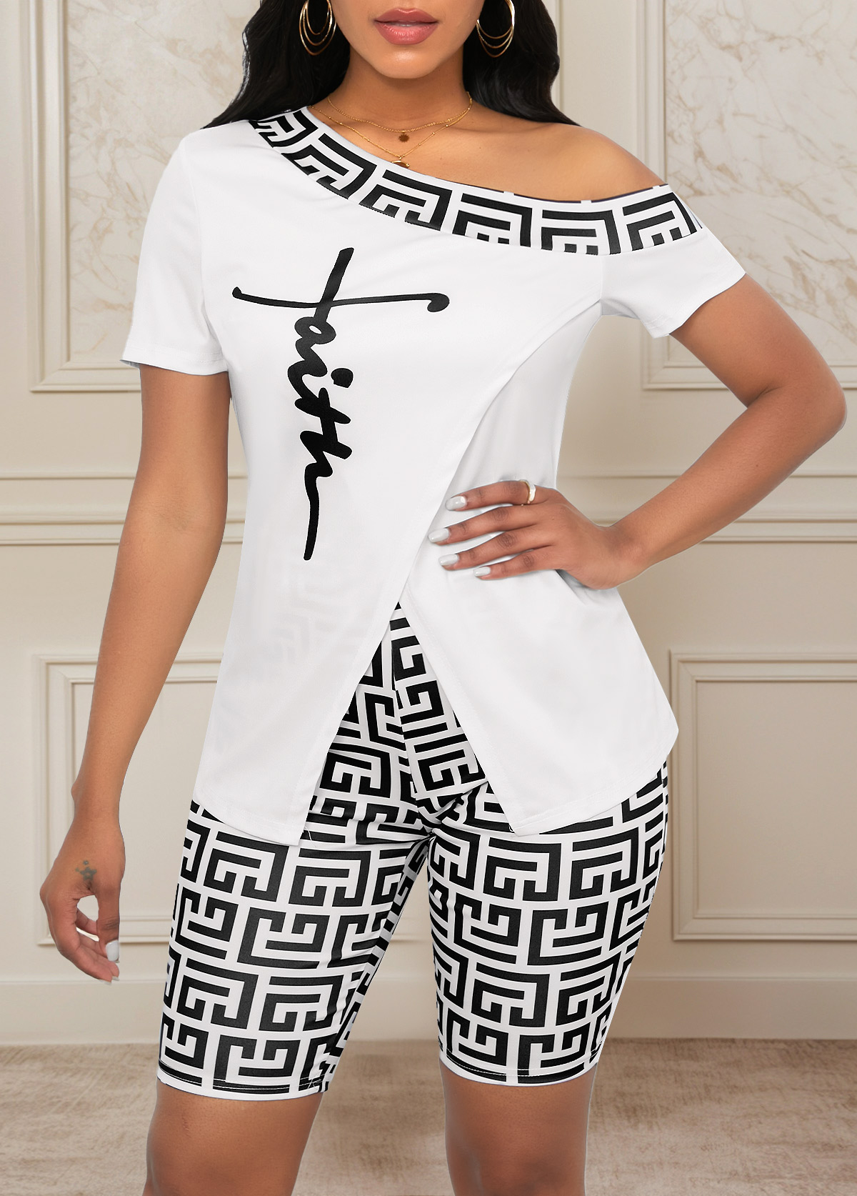 Patchwork Geometric Print White Short Skinny Top and Shorts