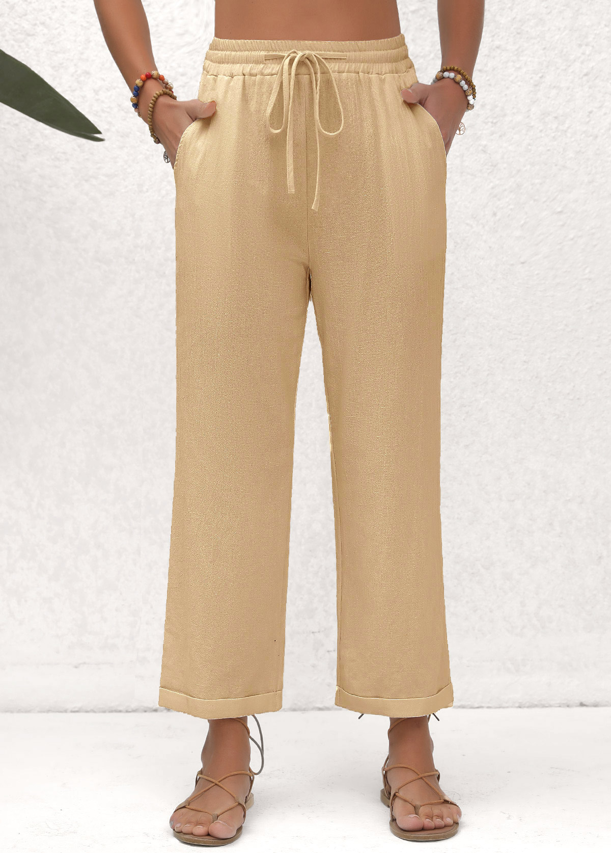 Pantalon taille haute beige à poche et taille élastique