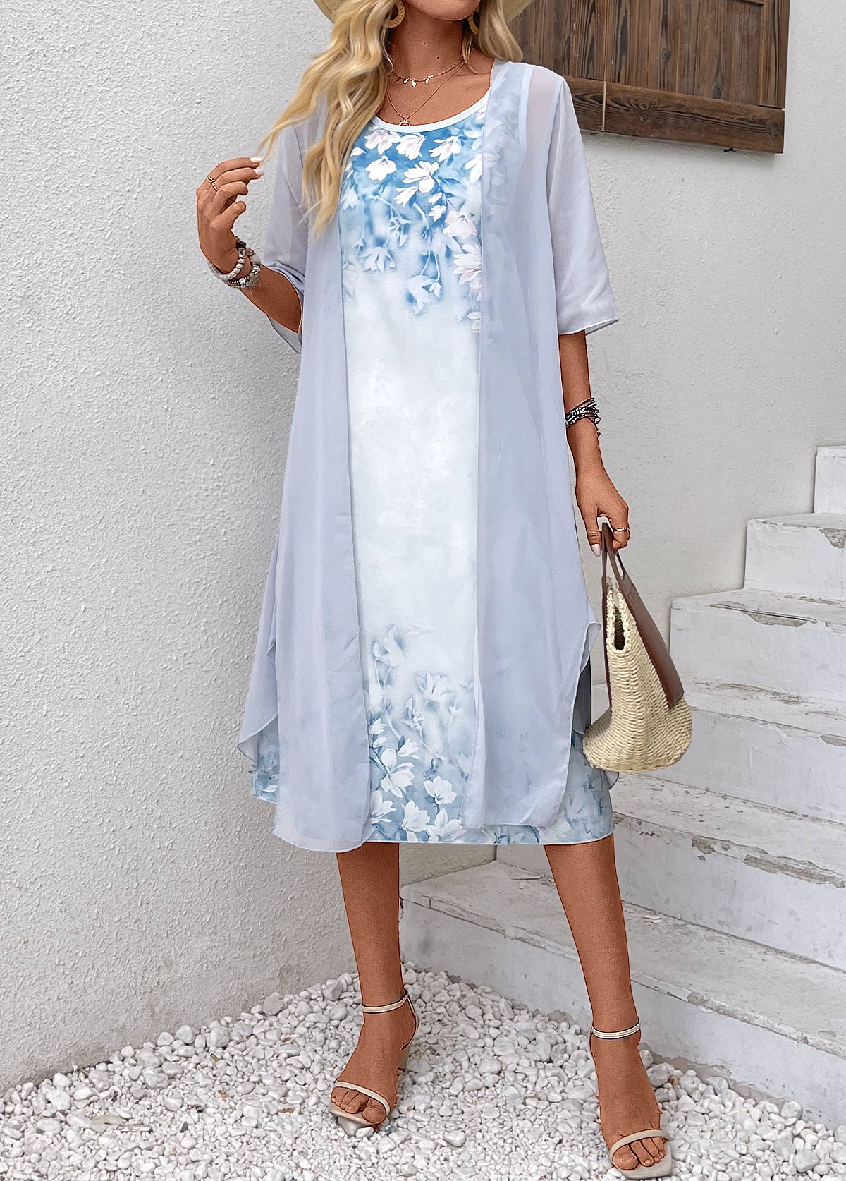 robe droite bleu clair à imprimé floral en deux pièces