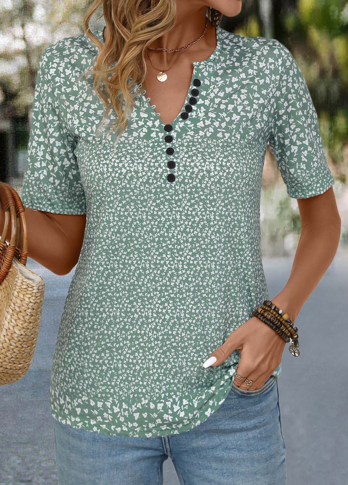 Button Ditsy Floral Print Sage Green T Shirt