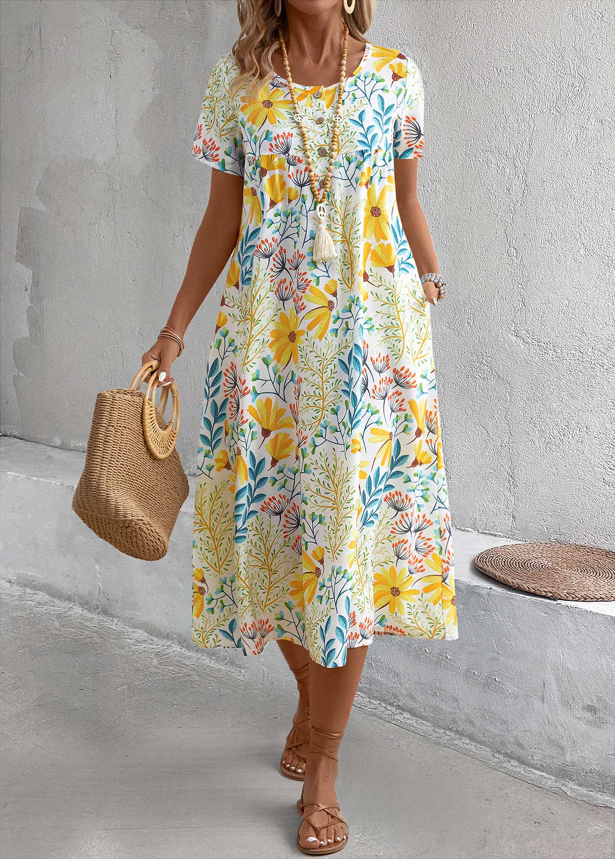 Pocket Floral Print Yellow A Line Round Neck Dress