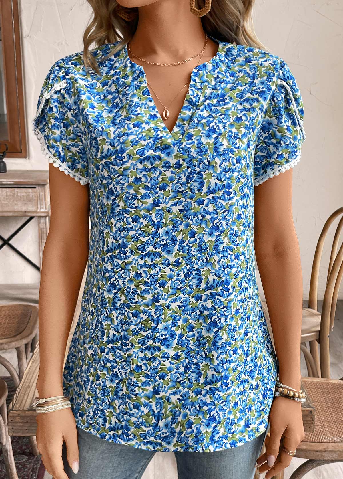 Patchwork Ditsy Floral Print Blue Split Neck T Shirt