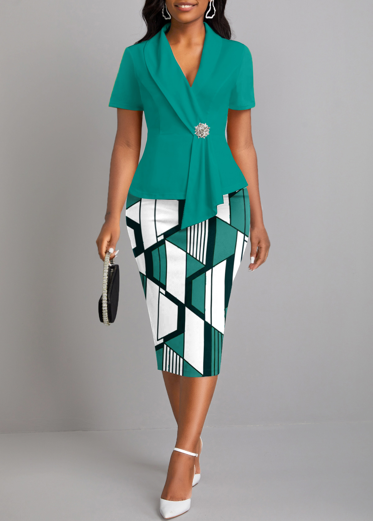 Turquoise dresses,Geometric dresses,Striped dresses,Everyday dresses,Casual dresses,ROTITA Fake 2in1 Geometric Print Turquoise Lapel Bodycon Dress