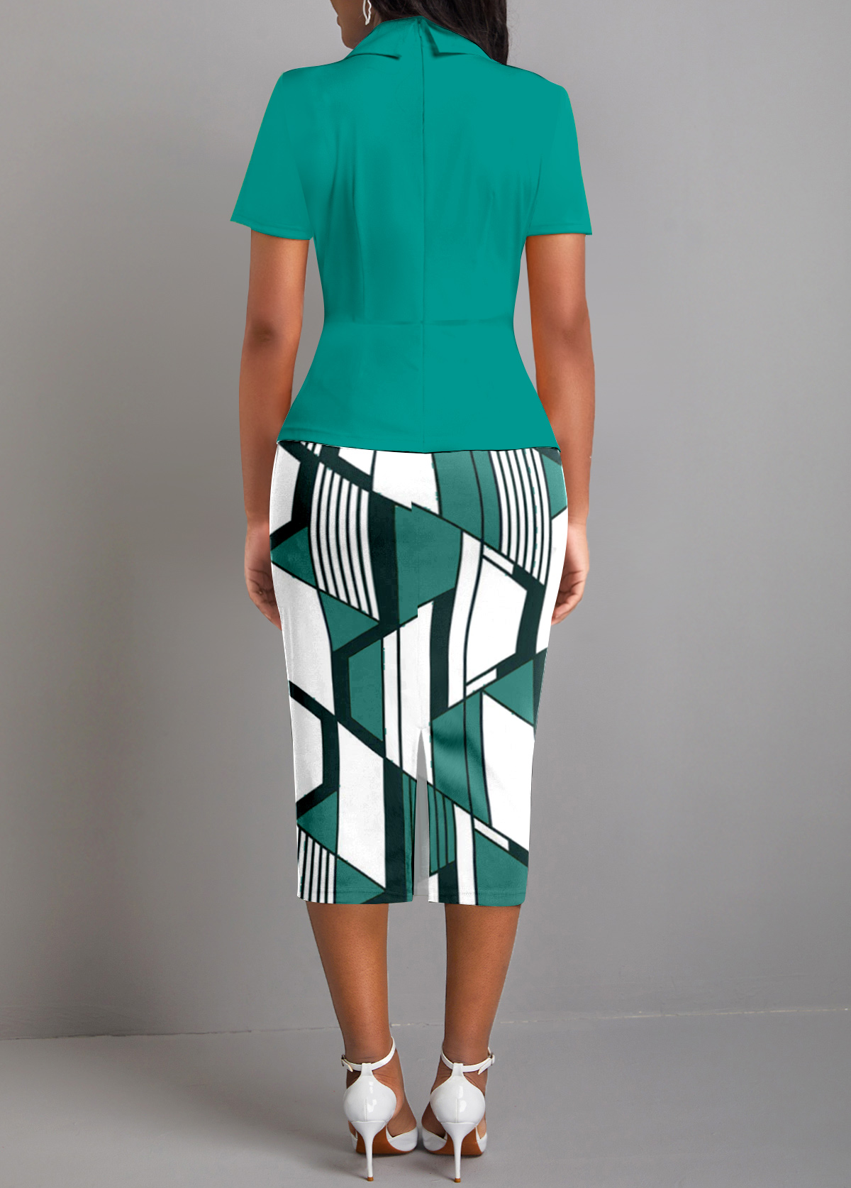 Turquoise dresses,Geometric dresses,Striped dresses,Everyday dresses,Casual dresses,ROTITA Fake 2in1 Geometric Print Turquoise Lapel Bodycon Dress