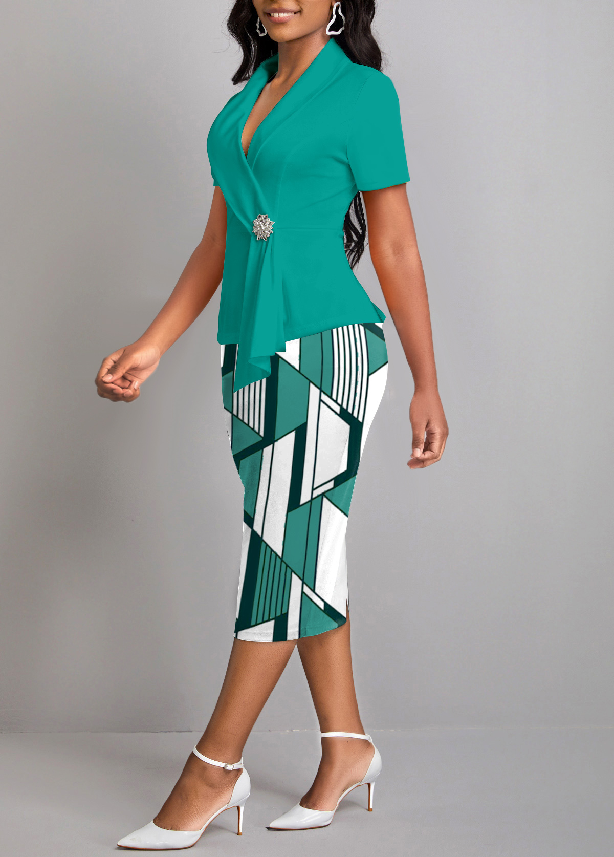 Turquoise dresses,Geometric dresses,Striped dresses,Everyday dresses,Casual dresses,ROTITA Fake 2in1 Geometric Print Turquoise Lapel Bodycon Dress