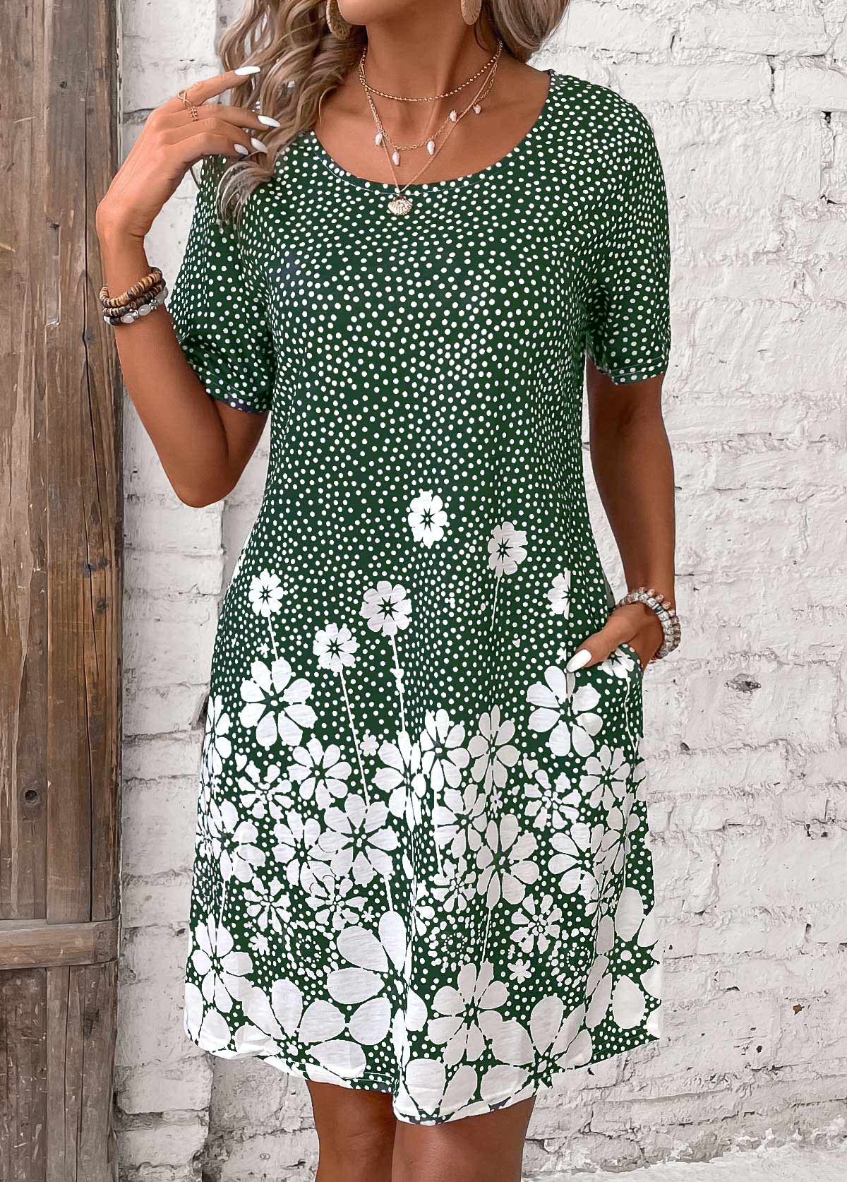 Pocket Floral Print Green Short Round Neck Dress