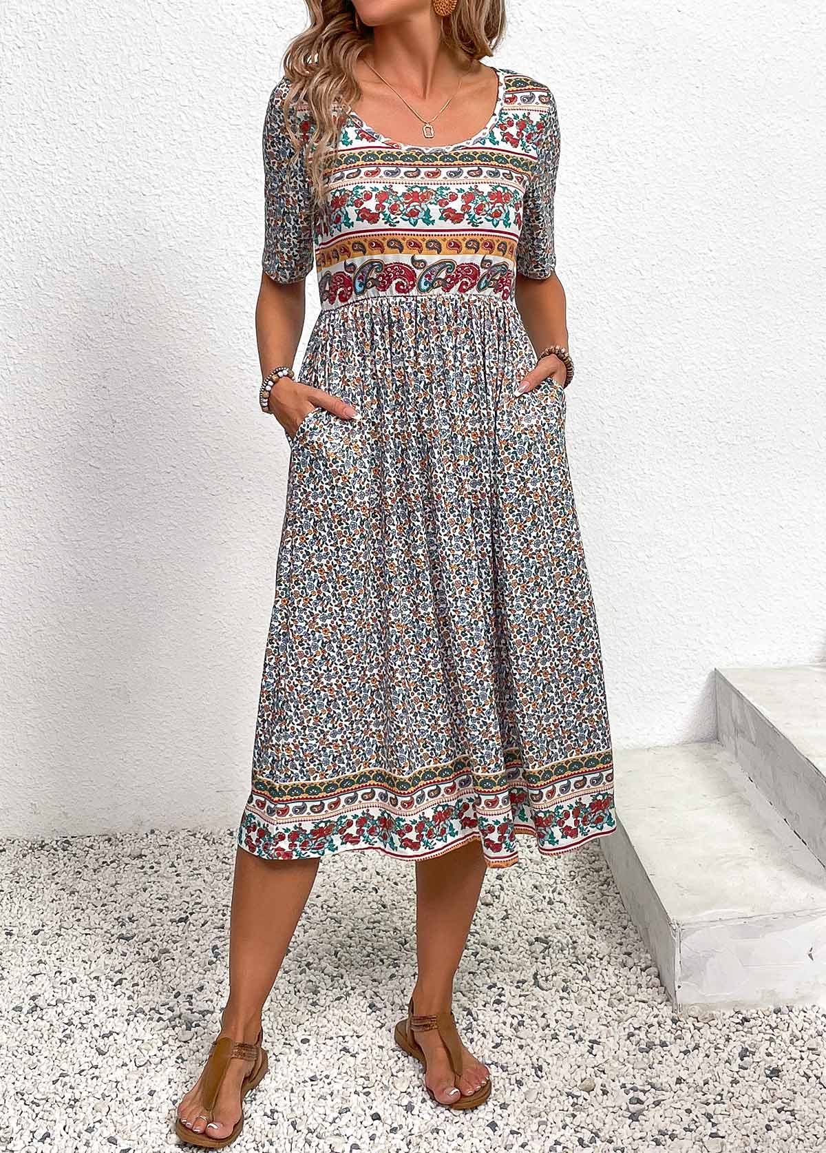 Ruched Ditsy Floral Print Multi Color Round Neck Dress