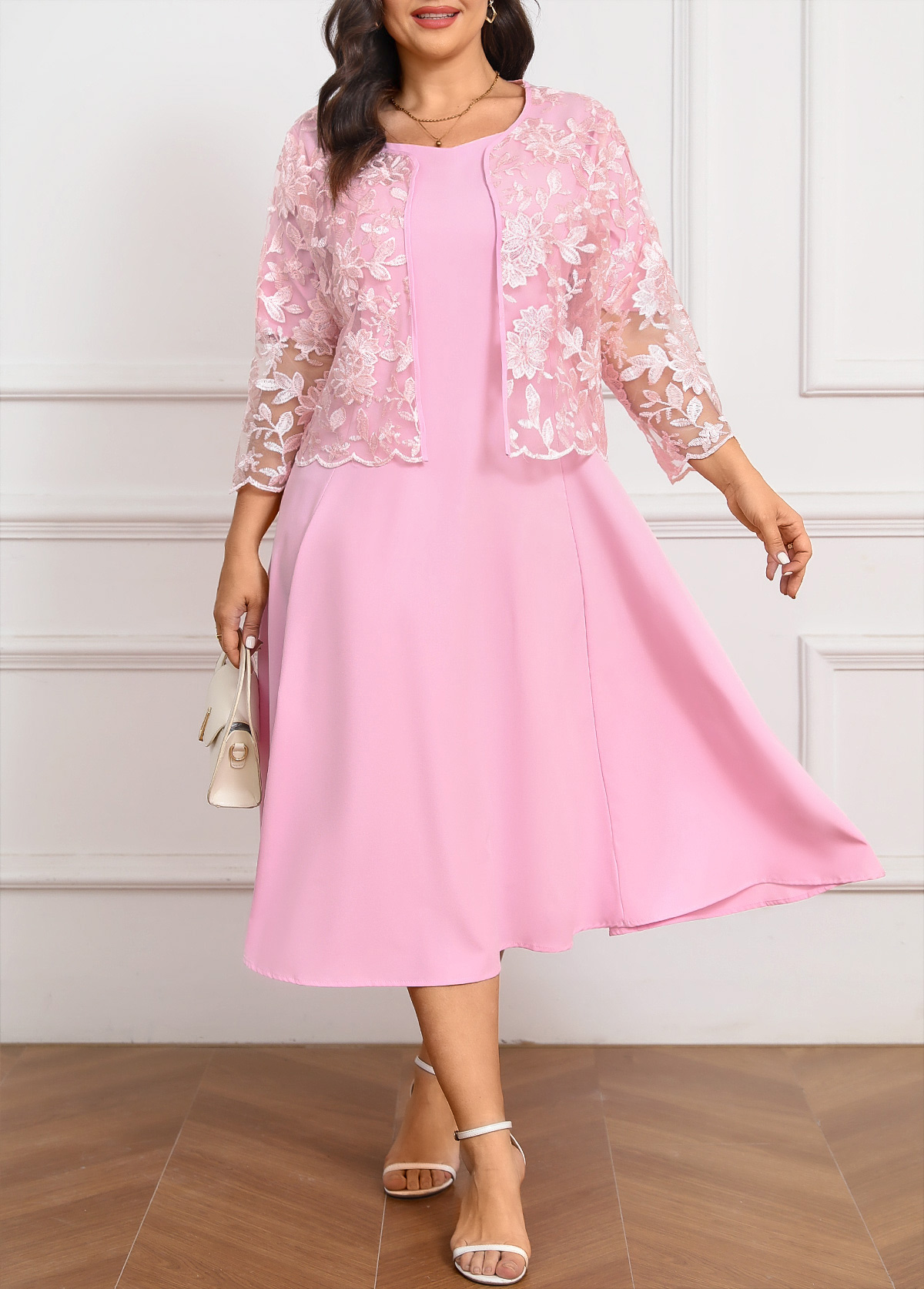 Plus Size Two Piece Pink Dress and Cardigan