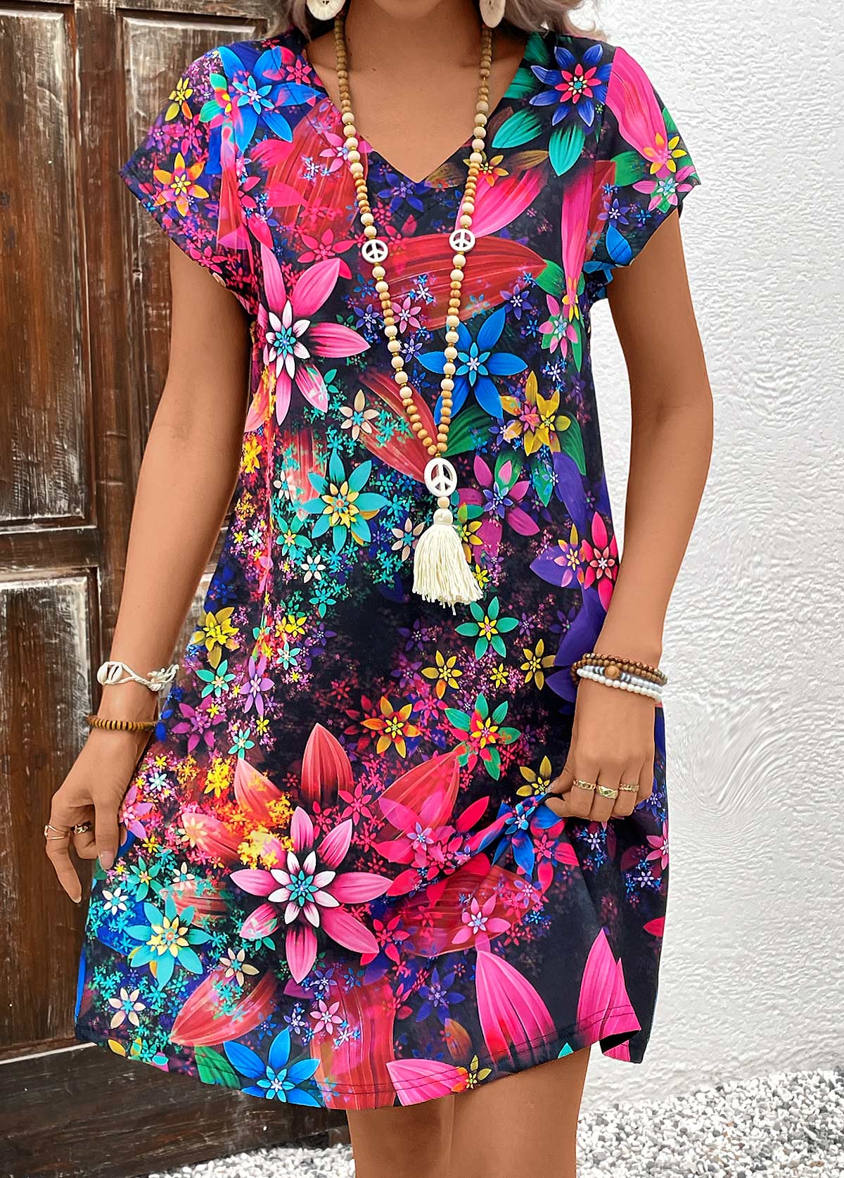 Floral Print Multi Color V Neck Shift Dress