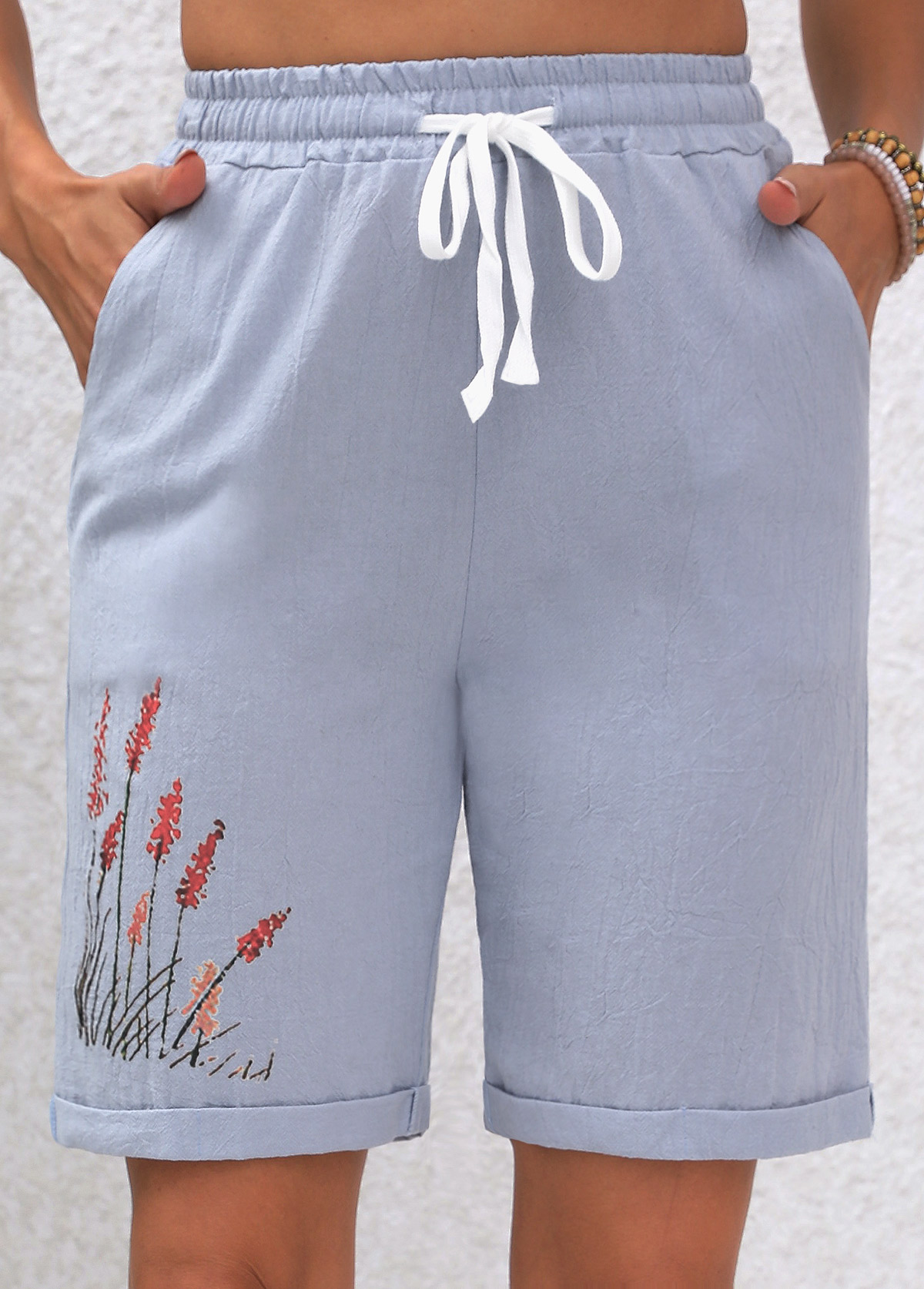 Double Side Pockets Plants Print Dusty Blue Shorts