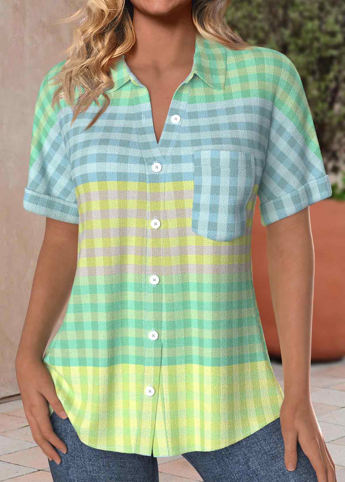 ROTITA Plus Size Pocket Multi Color Plaid Shirt Collar Blouse