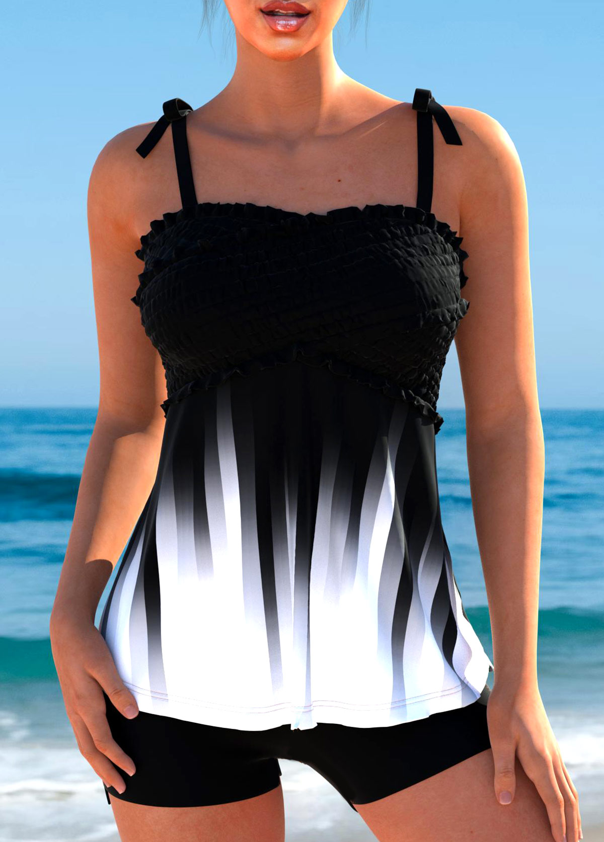 ROTITA Bowknot Smocked Black Ombre Tankini Top-No Bottom