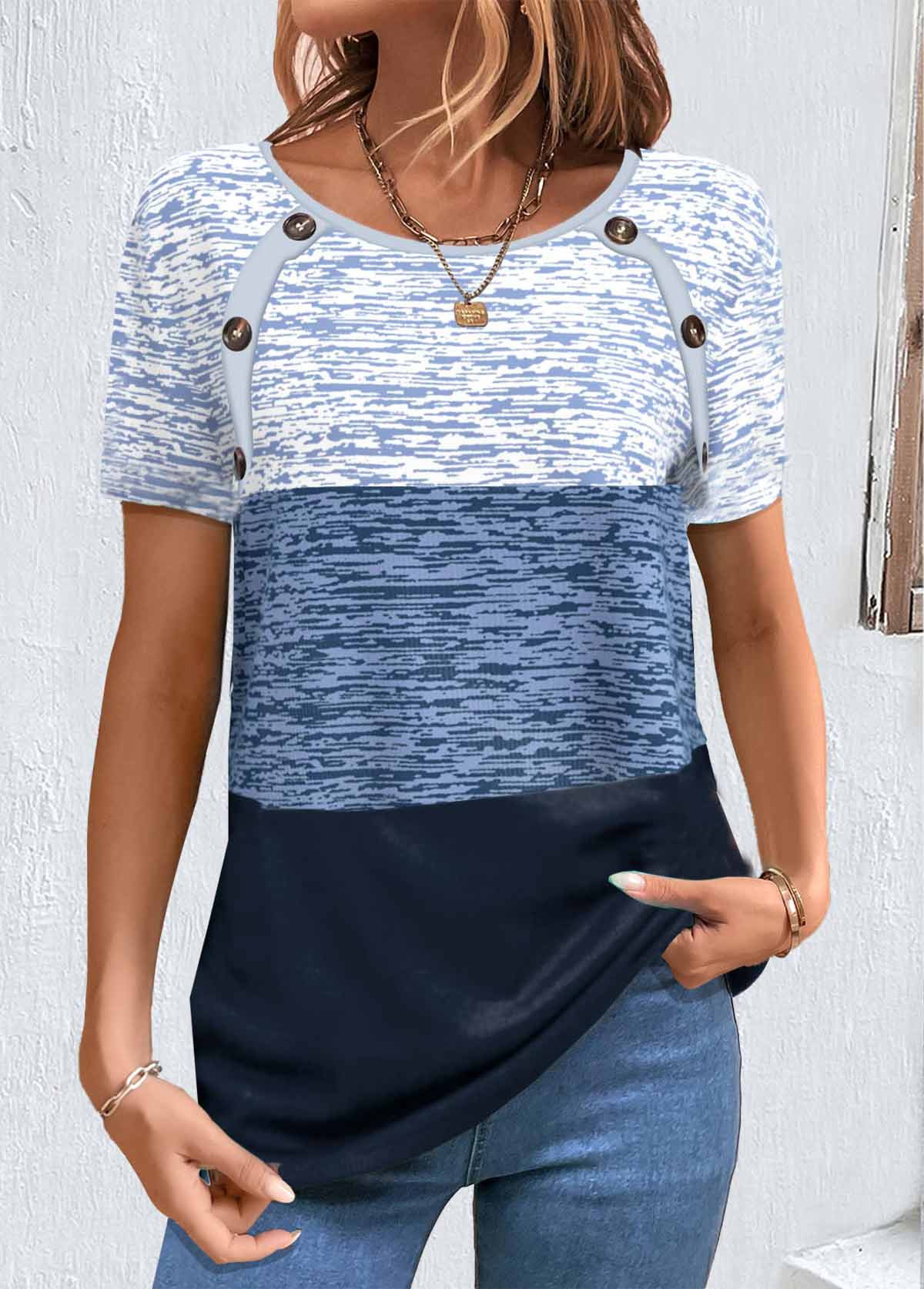 Blue tops,Geometric tops,Contrast Color tops,ROTITA Patchwork Geometric Print Blue Round Neck T Shirt