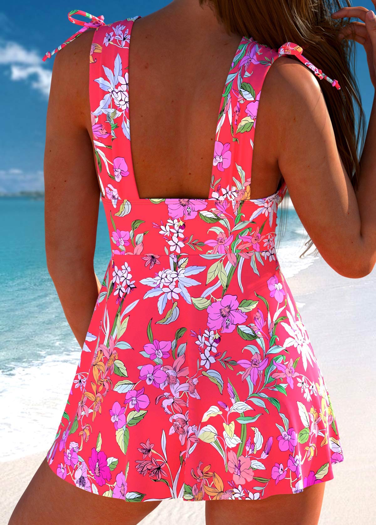 Coral swimwear,Floral swimwear,Plants swimwear,ROTITA Drawstring Coral Floral Print Mid Waisted Tankini Set