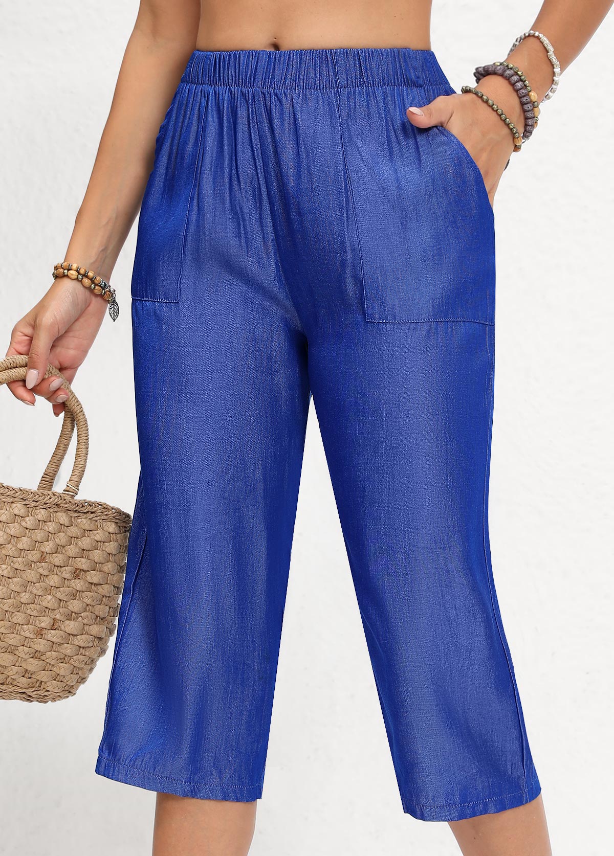 pantalon bleu denim à double poches latérales et taille élastique