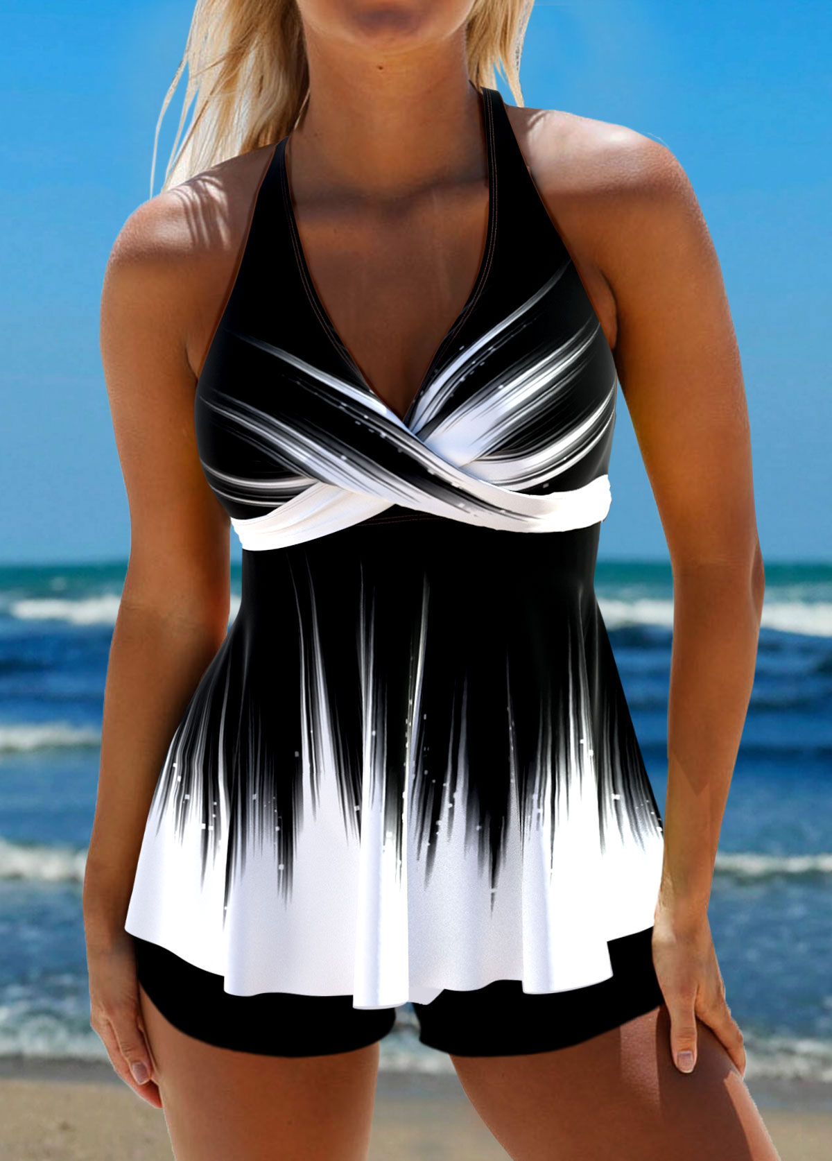 Black swimwear,White swimwear,Ombre swimwear,Striped swimwear,Geometric swimwear,ROTITA Surplice Tie Back Black Ombre Tankini Top