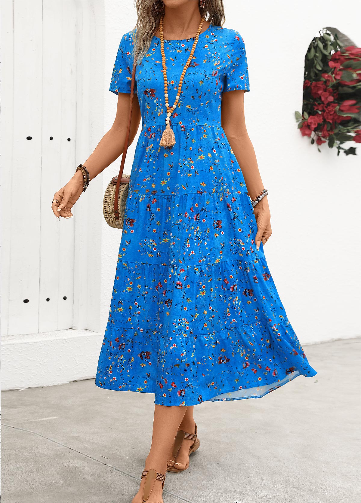 Ruched Ditsy Floral Print Sky Blue Round Neck Dress