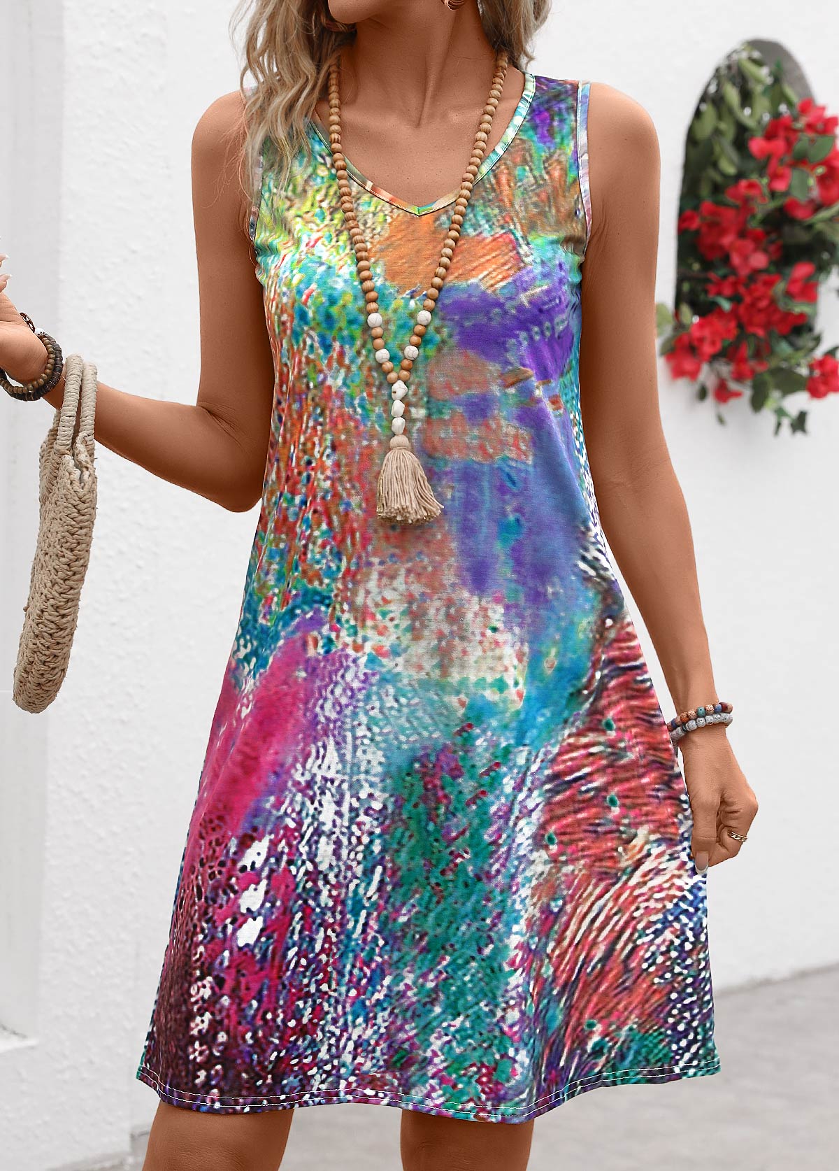 robe trapèze multicolore à imprimé graffiti et col en V