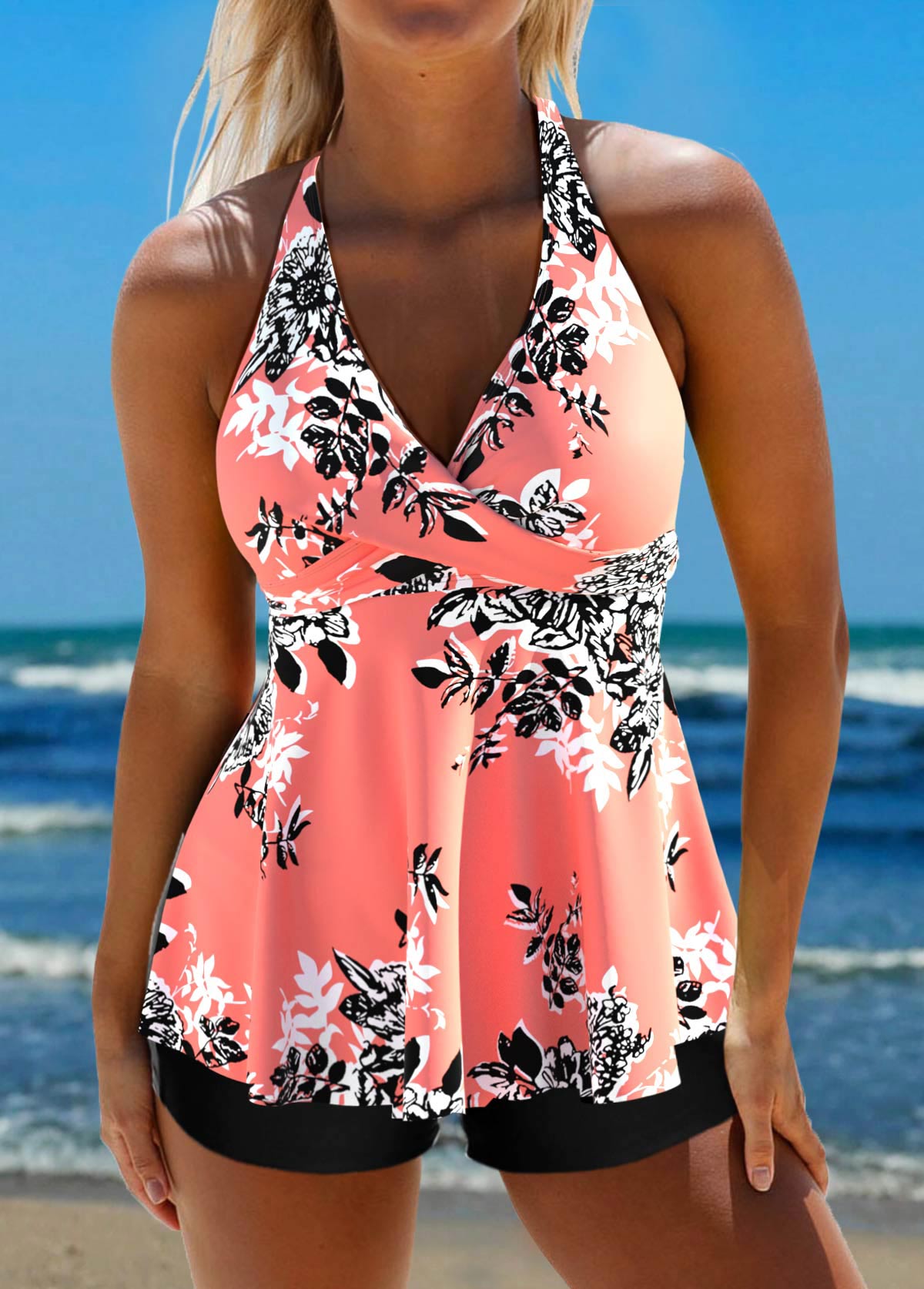 ROTITA Plus Size Criss Cross Floral Print Coral Tankini Top-No Bottom