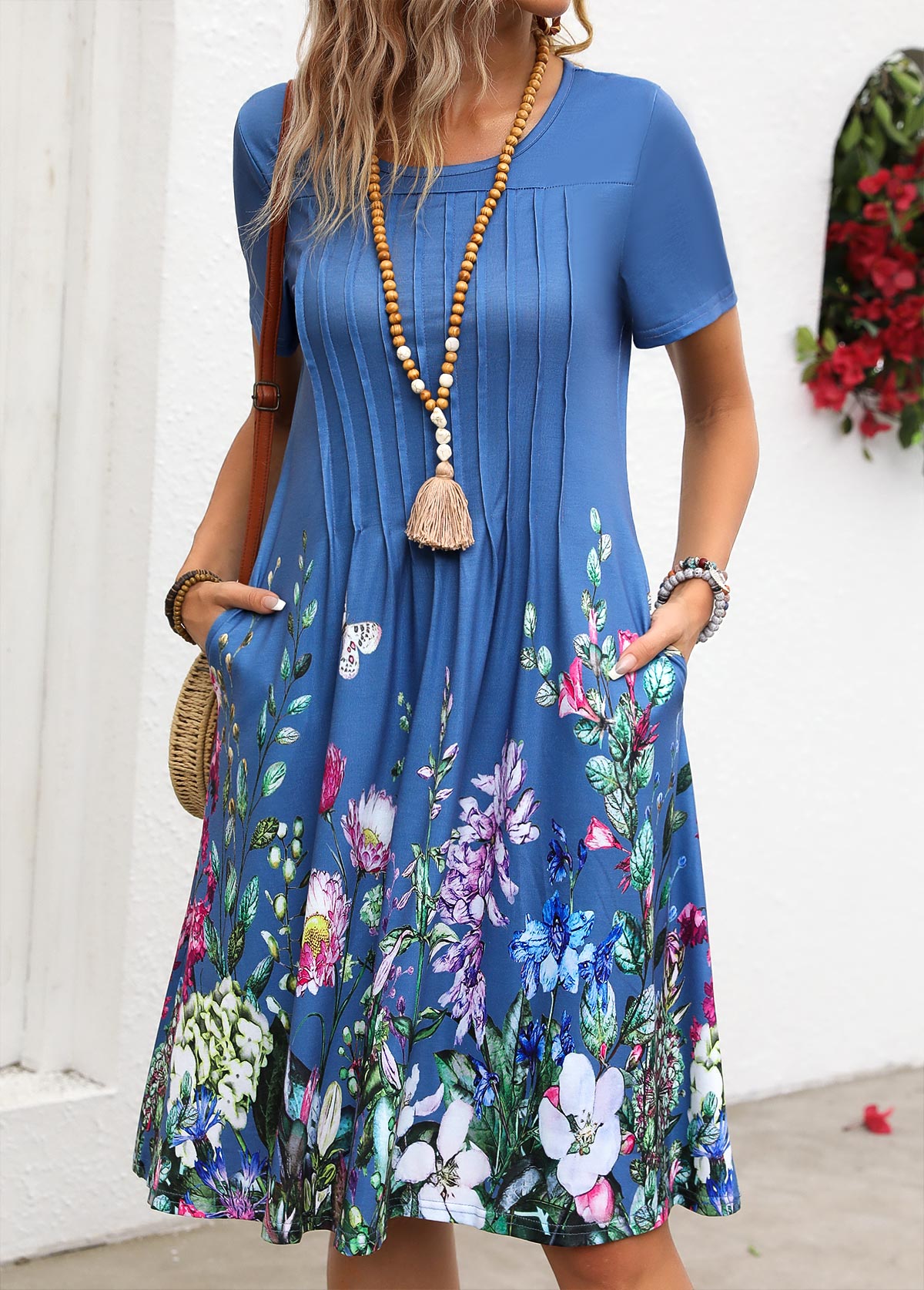 Tuck Stitch Floral Print Denim Blue Round Neck Dress