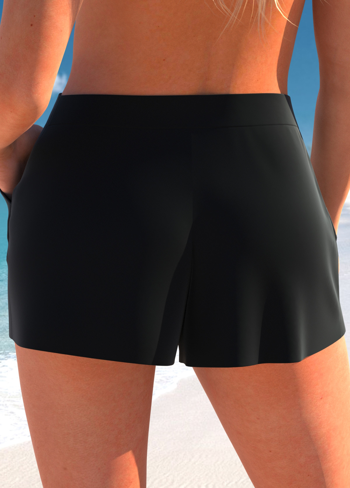 Black swimwear,Plain Color swimwear,ROTITA Black Pocket High Waisted Beach Shorts