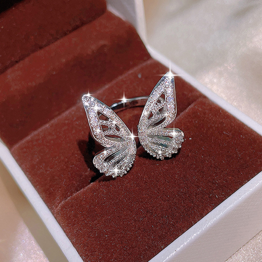Butterfly Rhinestone Silvery White Copper Ring