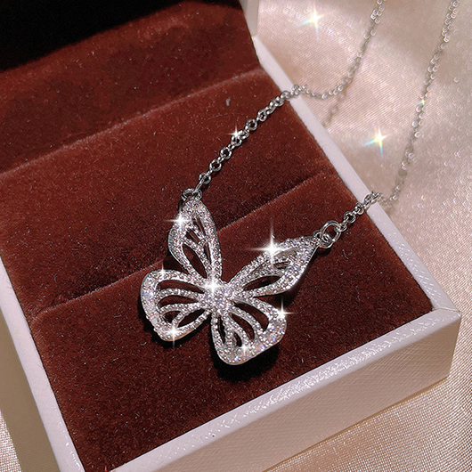 Butterfly Rhinestone Silvery White Copper Necklace